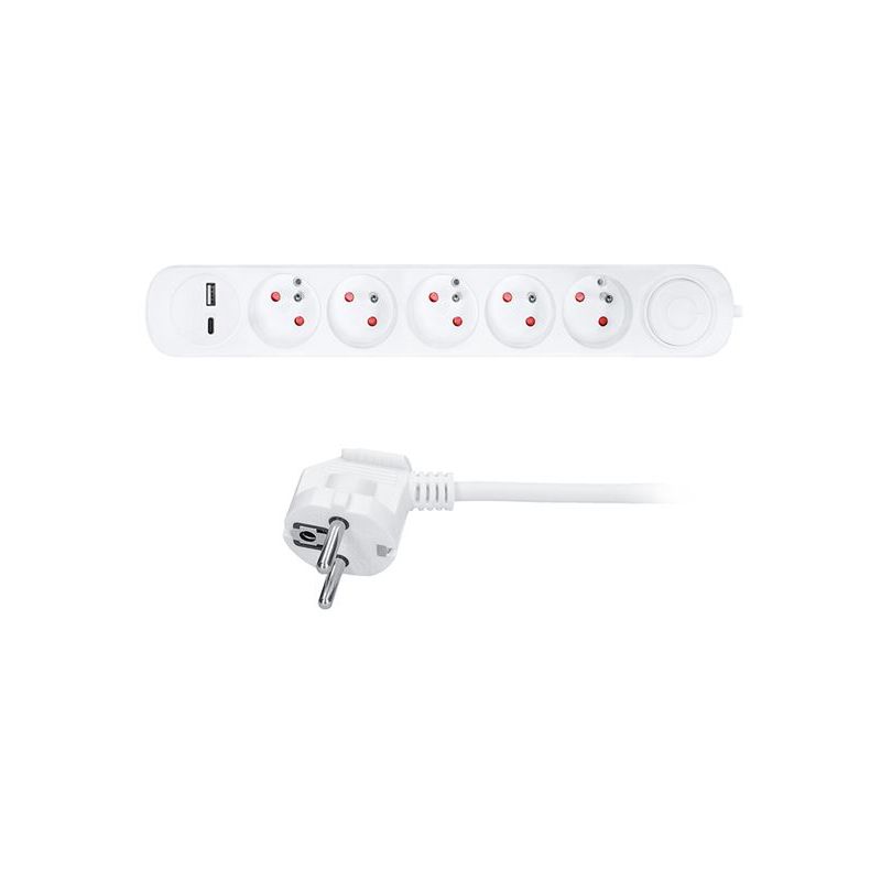 Solight prodlužovací přívod 5 zásuvek, USB A+C nabíječka 12W, 3m, 3 x 1mm2, bílý, vypínač - PP152USBC - 1